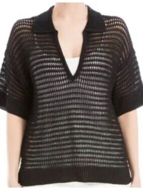 Max Studio Open-Knit V-Neck Short Sleeve Sweater Top Sz Large Black Crochet